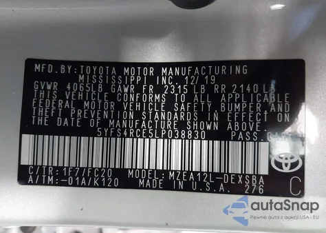 2020 Toyota Corolla Se from USA, damaged, VIN 5YFS4RCE5LP038830